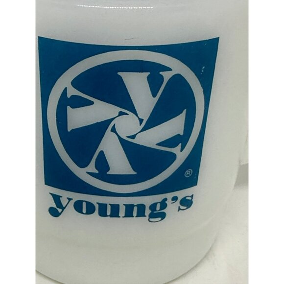 VTG Young’s Federals Milk Glass Coffee Mug White Milk Glass with Blue Logo 3.5" - Picture 4 of 5